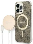 Zestaw Guess GUBPP13LH4EACSW Case+ Charger iPhone 13 Pro brązowy|brown hard case 4G Print MagSafe