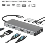 RoGer MST Dock Station 12in1 Lite Klēpjdatora dokstacija USB-C uz 2x HDMI / 4x USB3.0 / SD/TF / VGA / LAN