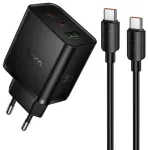 Telefono ikroviklis Hoco 2x USB C + USB A QC3.0 PD 3A 65W + duomenu laidas USB C i USB C N75 juodas