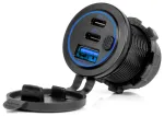 Waterproof Phone Charger with Switch BLUE LED Backlight USB + 2xUSB C QC3.0 12/24V AMIO-04596