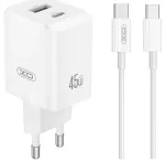 XO CE36 kelioninis įkroviklis | 45W | PD | USB-C, USB-A | su USB-C į USB-C laidu komplekte | baltas