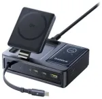 Baseus NOMOS 140W Qi2 5-in-1 Bezvadu lādētājs ar ievilcamu USB-C kabeli un digitālo displeju / melna