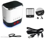 Riff HJ-90 kompakts portatīvs mūzikas skaļrunis ar FM uztvērēju MicroSD USB MP3 Sudrabs