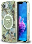 Case Guess IML Metal Glitter Flowers Triangle MagSafe Aizsargapvalks priek&scaron; iPhone 16e / 17e / zaļ&scaron;