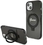 Guess GUHMP13MHRSGSK dėklas iPhone 13 | 14 | 15 6.1" juodas kietas su žiedu-stovu, blizgučiais ir MagSafe