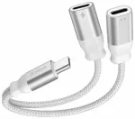 Swissten Textile USB-C Audio Charging Adapteris 2x USB-C 0.12m