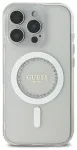 Guess IML Rhinestones Ring MagSafe dėklas, skirtas iPhone 16 Pro Max baltas