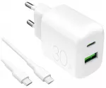 Puro PROLITE kelioninis įkroviklis | 30W | USB-A, USB-C | su USB-C į USB-C laidu komplekte | baltas
