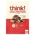 Think !, Daug baltymų turintys batonėliai, tir&scaron;tas žemės rie&scaron;utų sviestas, 10 batonėlių po 60 g (2,1 uncijos)