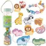 WOOPIE GREEN medinės vėrimo kaladėlės ZOO, Montessori, 13 vnt.