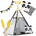 Vaiki&scaron;ka tipi palapinė Nukido su girlianda ir lemputėmis &ndash; balta-juoda su panda