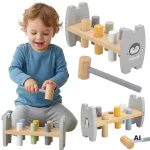 Viga PolarB medinis Montessori kalinėjimo žaislas su plaktuku &bdquo;Pingvinas&ldquo;
