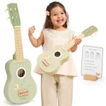 Viga medinė ukulelė-gitara vaikams, žalia, su natomis