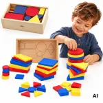VIGA medinės Dienes kaladėlės &ndash; geometrinės figūros, Montessori