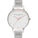 Olivia Burton Women's Enchanted Garden Watch OB16ES10 &ndash; 38 mm nerūdijančio plieno rožinio aukso spalvos korpusas, baltas gėlėtas ciferblatas, pilka odinė apyrankė