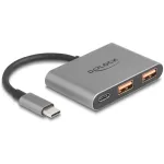 USB &scaron;akotuvas DELOCK 64337 &mdash; USB 3.2 Gen 2 Type-C jungtis, 3 prievadai (Type-C + 2&times; Type-A), 10 Gbit/s, pilkas, metalinis korpusas