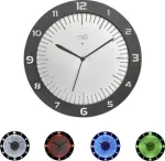 TFA LUMOCLOCK Radio-Controlled Wall Clock with Color Illumination, Digital LCD, 7 Colors, Indoor Temperature, Alarm, Snooze, 12/24H, DCF-77