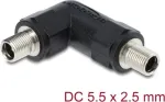 Adapteris DC statinės jungties DELOCK 5.5 x 2.5 mm moteri&scaron;ka&ndash;moteri&scaron;ka su sriegine mova, 90&deg; kampu, juodas