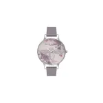 Olivia Burton Enchanted Garden moteri&scaron;kas laikrodis OB16EM05 &ndash; 38 mm rausvo aukso nerūdijančio plieno korpusas, baltas gėlių ra&scaron;to ciferblatas, &scaron;viesiai pilkos odos apyrankė