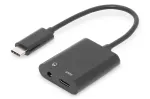 DIGITUS USB Type-C skirstytuvas, USB-C &ndash; 3,5 mm + USB-C, M/F/F, 20 cm, juodas
