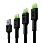 Green Cell GC Ray KABGCSET01 USB-A&ndash;USB-C laidų komplektas, 3 vnt. (30 cm, 120 cm, 200 cm), žalias LED, spartusis įkrovimas QC 3.0, juodas