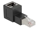 DeLOCK RJ45 ki&scaron;tukas į RJ45 lizdą adapteris Cat.6A 90&deg; į vir&scaron;ų kampu juodas