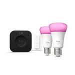 Philips Hue White and colour ambience pradinis rinkinys: 2 E27 i&scaron;maniosios lemputės + reguliatorius + Bridge Pro
