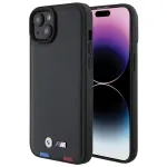 BMW M Collection Leather Stamp Back Cover, skirta iPhone 15 Plus / 14 Plus 6,7 inch - Black Tricolor