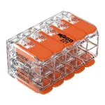WAGO 221-420 Kompakti&scaron;ka jungtis su svirtelėmis, 10 laidininkų, 0,2&ndash;4 mm&sup2;, permatomas korpusas, oranžinė svirtelė, 10 vnt. pakuotė