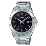 Casio MTP-1308D-1A2 vyri&scaron;kas analoginis kvarcinis laikrodis, 48.9 mm, juodas ciferblatas, sidabrinis nerūdijančio plieno apyrankė