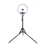 LED žiedinė &scaron;viesa 34,5 cm su trikoju iki 1,85 m, veidrodžiu ir telefono laikikliu, USB