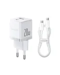 Baseus Palm 20W sieninis įkroviklis, 1x USB-A + 1x USB-C, QC3.0/PD3.0, su 1 m USB-C kabeliu, baltas (P10111608213-01)