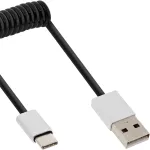 InLine USB 2.0 spiralinis laidas, USB-C ki&scaron;tukas / USB-A ki&scaron;tukas, juodas/alu, lankstus, 2 m
