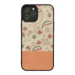 Apsauginis dėklas iPhone 12 Pro Max i&scaron; medienos ir polikarbonato &ndash; rožinė gėlė ant juodo