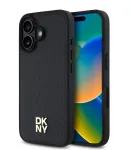 DKNY Apple iPhone 16 Plus PU odos dėklas su pakartotiniu ra&scaron;tu Stack Logo, MagSafe, juodas