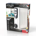 Adler AD 7817 alyvos radiatorius, 11 sekcijų, 2500W, 3 &scaron;ildymo režimai, reguliuojamas termostatas, apsauga nuo perkaitimo ir apvirtimo, ratukai ir rankena, juoda