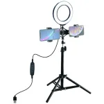 LED žiedinė &scaron;viesa 16 cm su trikoju stovu iki 70 cm ir dvigubu telefono laikikliu, USB