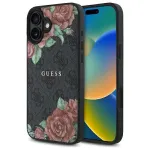 Guess GUHMP16SP4ROPEMCK Kietasis dėklas, skirtas Apple iPhone 16 6,1 colio, juodas, 4G gėlių ra&scaron;tas, MagSafe