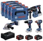 BOSCH POWERTOOLS 18V 4 įrankių rinkinys &ndash; Gręžtuvas-suktuvas, Smūginis suktuvas, Plaktukinis gręžtuvas, Kampinis &scaron;lifuoklis