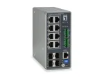 LevelOne IGP-1271 TURING pramoninis L3 Lite valdomas Gigabit PoE+ komutatorius, 12 prievadų (8 x PoE+, 4 x SFP), 240 W, DIN bėgelis, DC