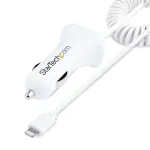 StarTech.com automobilinis įkroviklis su susuktu Lightning laidu, 1 m, 12 W, baltas, 2 USB prievadai