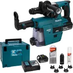 Makita DHR243JWX2 18V be&scaron;epetėlis SDS-Plus 3 režimų belaidis rotacinis plaktukas su 2x 5.0Ah baterijomis, įkrovikliu ir Makpac dėklu