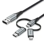 Vention USB 2.0 A ki&scaron;tukas į 3-in-1 Micro-B, USB-C, Lightning ki&scaron;tuką 1 m pilkas aliuminio lydinio laidas