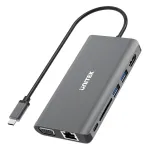 UNITEK uHUB O8+ 8-in-1 USB-C stotelė, pilka, aliuminis, 100W PD