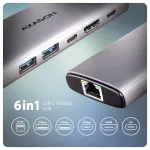 Axagon HMC-6G2L USB 10Gbps &scaron;akotuvas, 2x USB-A, 1x USB-C, HDMI 4k/60Hz, RJ-45, PD 100W