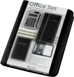 J&Uuml;SCHA Alassio Ring Binder Portfolio Office Set A4 juoda dirbtinė oda su 4 žiedų mechanizmu, 7 vizitinių kortelių ki&scaron;enėlėmis, užtrauktuku, ra&scaron;ymo pagalvėle ir skaičiuotuvu 30060