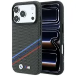 BMW M Quadrille Kevlar ra&scaron;to trispalvės linijos ir metalinis logotipas MagSafe dėklas iPhone 18 Pro Max / 17 Pro Max, antracito