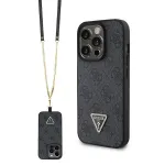GUESS PU 4G Strass Triangle Metal Case + Strap, skirta iPhone 15 Pro, juoda