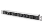 DIGITUS 1U aliumininis PDU stelažinis 9x C13 10A 230VAC 50/60Hz IEC C14 įvadas 10A saugiklis