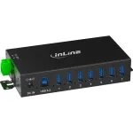 InLine 35396B pramoninis USB 3.2 Gen 1 &scaron;akotuvas, 7 USB-A prievadai, 5 Gbit/s, aliuminio korpusas, DIN bėgelio tvirtinimas, su 12 V maitinimo adapteriu, juodas